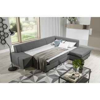 Canapé d'angle convertible en tissu luxe 5 places, coffre, gris clair, angle droit (vu de face), PORTOFINO