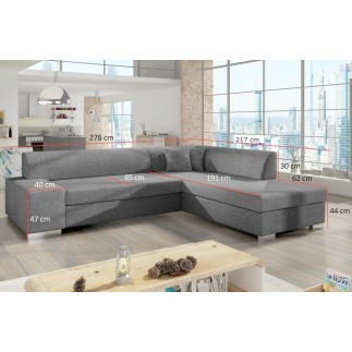 Canapé d'angle convertible en tissu luxe 5 places, coffre, gris clair, angle droit (vu de face), PORTOFINO