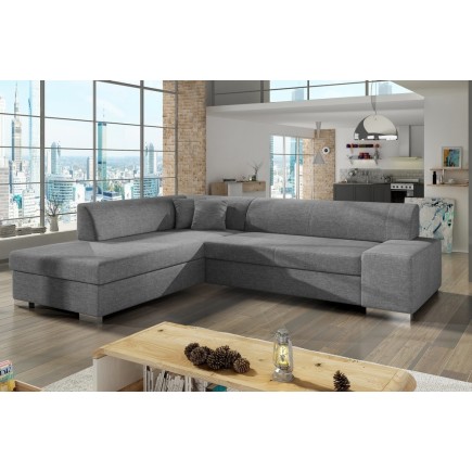 Canapé d'angle convertible en tissu luxe 5 places, coffre - gris clair, angle gauche (vu de face), PORTOFINO