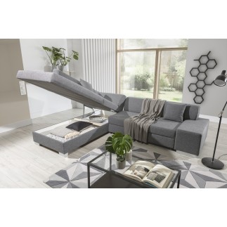 Canapé d'angle convertible en tissu luxe 5 places, coffre - gris clair, angle gauche (vu de face), PORTOFINO