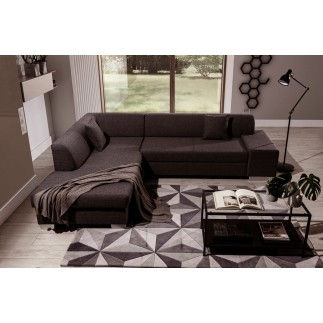 Canapé d'angle convertible en tissu luxe 5 places, coffre - marron foncé, angle gauche (vu de face), PORTOFINO
