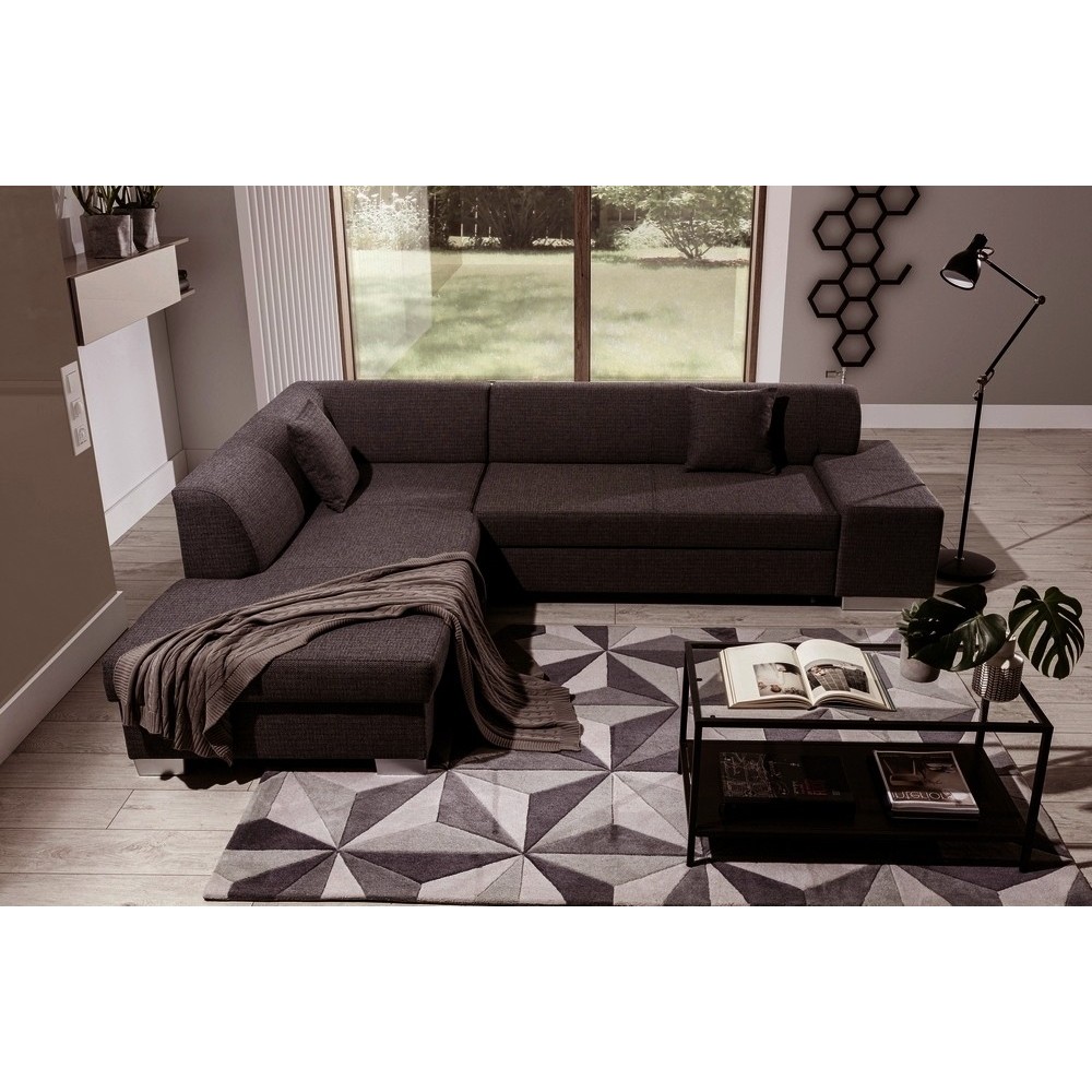 Canapé d'angle convertible en tissu luxe 5 places, coffre - marron foncé, angle gauche (vu de face), PORTOFINO Canapé d'angle convertible en tissu luxe 5 places, coffre - marron foncé, angle gauche (vu de face), PORTOFINO