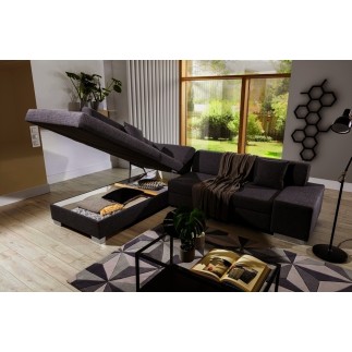 Canapé d'angle convertible en tissu luxe 5 places, coffre - marron foncé, angle gauche (vu de face), PORTOFINO