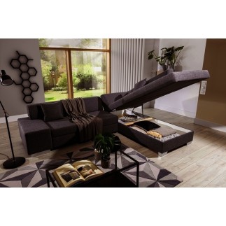 Canapé d'angle convertible en tissu luxe 5 places, coffre, marron foncé, angle droit (vu de face), PORTOFINO