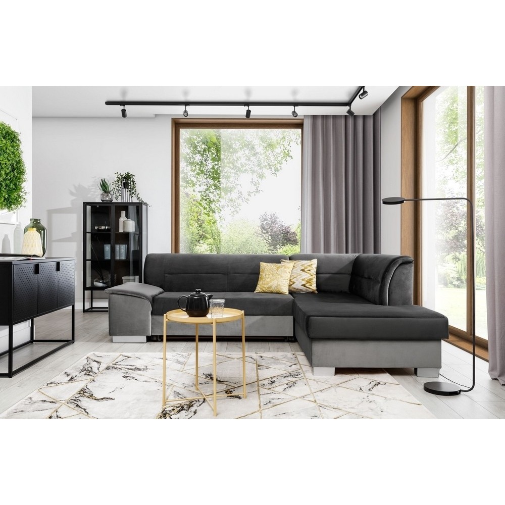 Canapé d'angle convertible en tissu luxe 5 places, avec coffre - gris foncé et gris clair, angle droit (vu de face), VERTU VELOU Canapé d'angle convertible en tissu luxe 5 places, avec coffre - gris foncé et gris clair, angle droit (vu de face), VERTU VELOU