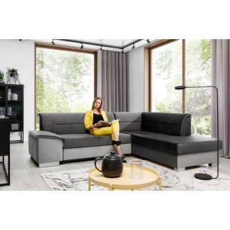Canapé d'angle convertible en tissu luxe 5 places, avec coffre - gris foncé et gris clair, angle droit (vu de face), VERTU VELOU