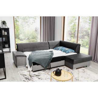 Canapé d'angle convertible en tissu luxe 5 places, avec coffre - gris foncé et gris clair, angle droit (vu de face), VERTU VELOU