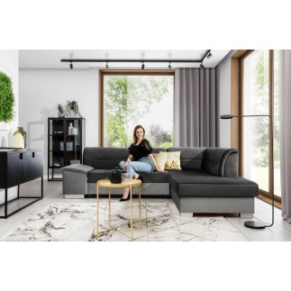 Canapé d'angle convertible en tissu luxe 5 places, avec coffre - gris foncé et gris clair, angle droit (vu de face), VERTU VELOU
