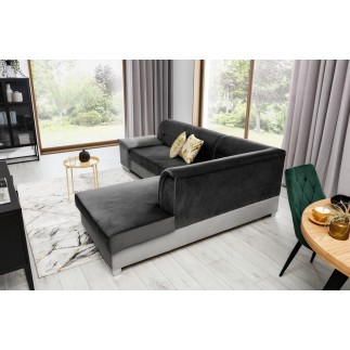 Canapé d'angle convertible en tissu luxe 5 places, avec coffre - gris foncé et gris clair, angle droit (vu de face), VERTU VELOU