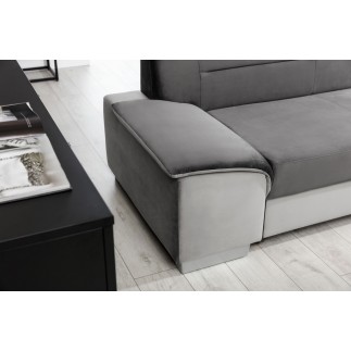 Canapé d'angle convertible en tissu luxe 5 places, avec coffre - gris foncé et gris clair, angle droit (vu de face), VERTU VELOU