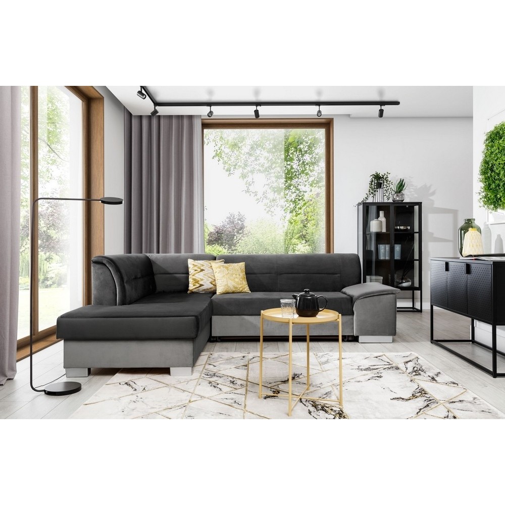- Canapé d'angle convertible en tissu luxe 5 places, avec coffre, gris foncé et gris clair, angle gauche (vu de face), VERTU VEL - Canapé d'angle convertible en tissu luxe 5 places, avec coffre, gris foncé et gris clair, angle gauche (vu de face), VERTU VEL