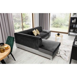 - Canapé d'angle convertible en tissu luxe 5 places, avec coffre, gris foncé et gris clair, angle gauche (vu de face), VERTU VEL