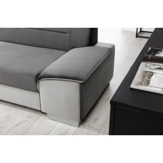 - Canapé d'angle convertible en tissu luxe 5 places, avec coffre, gris foncé et gris clair, angle gauche (vu de face), VERTU VEL