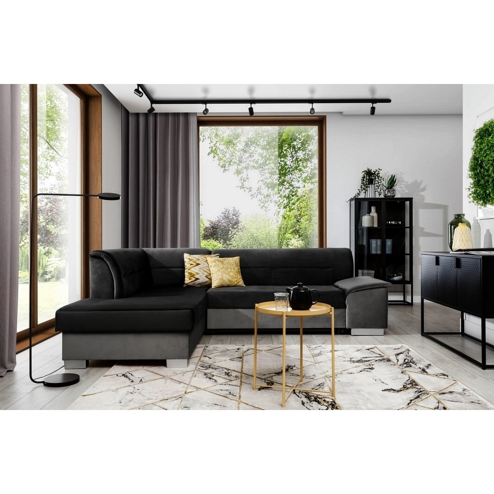 Canapé d'angle convertible en tissu luxe 5 places, avec coffre, noir et gris clair, angle gauche (vu de face), VERTU VELOURS Canapé d'angle convertible en tissu luxe 5 places, avec coffre, noir et gris clair, angle gauche (vu de face), VERTU VELOURS