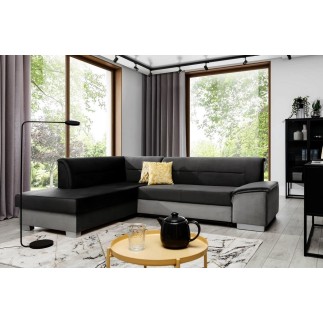 Canapé d'angle convertible en tissu luxe 5 places, avec coffre, noir et gris clair, angle gauche (vu de face), VERTU VELOURS