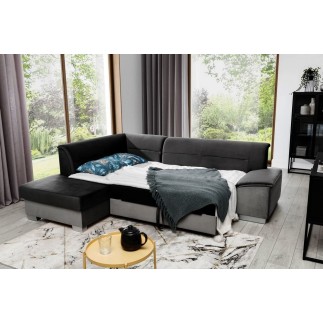 Canapé d'angle convertible en tissu luxe 5 places, avec coffre, noir et gris clair, angle gauche (vu de face), VERTU VELOURS