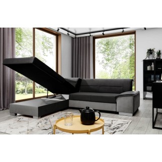 Canapé d'angle convertible en tissu luxe 5 places, avec coffre, noir et gris clair, angle gauche (vu de face), VERTU VELOURS