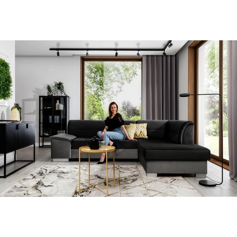 Canapé d'angle convertible en tissu luxe 5 places, avec coffre - noir et gris clair, angle droit (vu de face), VERTU VELOURS Canapé d'angle convertible en tissu luxe 5 places, avec coffre - noir et gris clair, angle droit (vu de face), VERTU VELOURS
