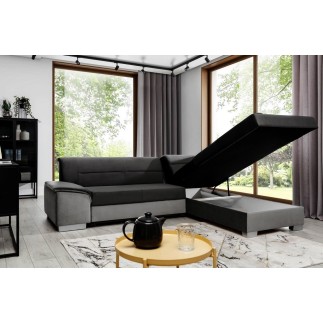 Canapé d'angle convertible en tissu luxe 5 places, avec coffre - noir et gris clair, angle droit (vu de face), VERTU VELOURS