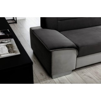 Canapé d'angle convertible en tissu luxe 5 places, avec coffre - noir et gris clair, angle droit (vu de face), VERTU VELOURS