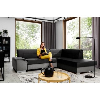 Canapé d'angle convertible en tissu luxe 5 places, avec coffre - noir et gris clair, angle droit (vu de face), VERTU VELOURS
