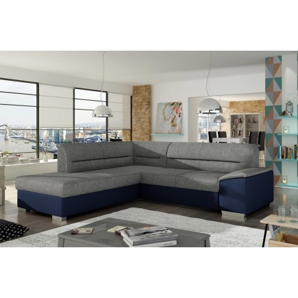 Canapé d'angle convertible en tissu luxe gris et simili cuir bleu, 5 places, avec coffre, angle gauche (vu de face), VERTU MIX