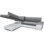 Canapé d'angle convertible en tissu luxe gris et simili cuir bleu, 5 places, avec coffre, angle gauche (vu de face), VERTU MIX