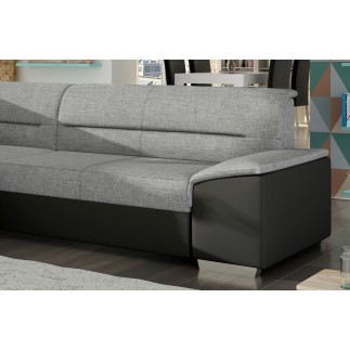 - Canapé d'angle convertible en tissu luxe gris et simili cuir noir, 5 places, avec coffre, angle gauche (vu de face) - VERTU MI