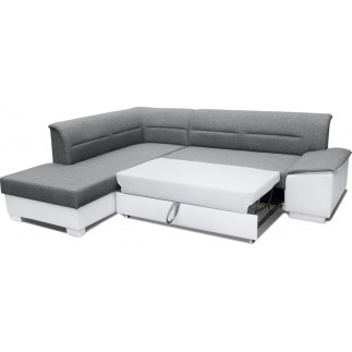 - Canapé d'angle convertible en tissu luxe gris et simili cuir noir, 5 places, avec coffre, angle gauche (vu de face) - VERTU MI