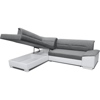 - Canapé d'angle convertible en tissu luxe gris et simili cuir noir, 5 places, avec coffre, angle gauche (vu de face) - VERTU MI