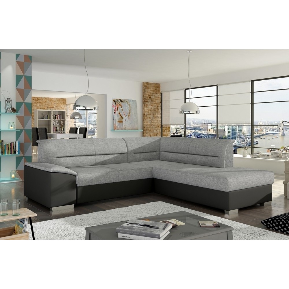 Canapé d'angle convertible en tissu luxe gris et simili cuir noir, 5 places, avec coffre, angle droit (vu de face), VERTU MIX Canapé d'angle convertible en tissu luxe gris et simili cuir noir, 5 places, avec coffre, angle droit (vu de face), VERTU MIX