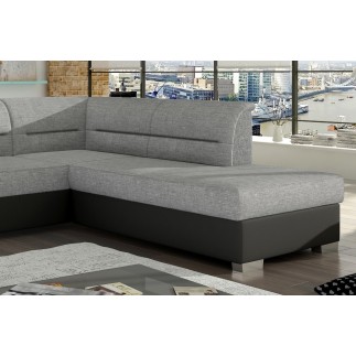 Canapé d'angle convertible en tissu luxe gris et simili cuir noir, 5 places, avec coffre, angle droit (vu de face), VERTU MIX