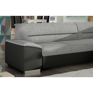 Canapé d'angle convertible en tissu luxe gris et simili cuir noir, 5 places, avec coffre, angle droit (vu de face), VERTU MIX