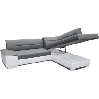 Canapé d'angle convertible en tissu luxe gris et simili cuir noir, 5 places, avec coffre, angle droit (vu de face), VERTU MIX