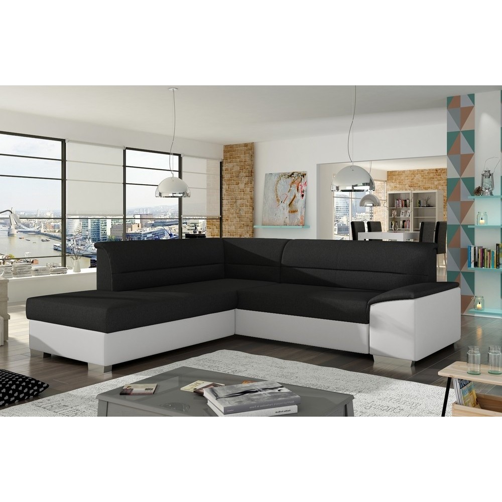 Canapé d'angle convertible en tissu luxe noir et simili cuir blanc cassé, 5 places, avec coffre, angle gauche (vu de face), VERT Canapé d'angle convertible en tissu luxe noir et simili cuir blanc cassé, 5 places, avec coffre, angle gauche (vu de face), VERT