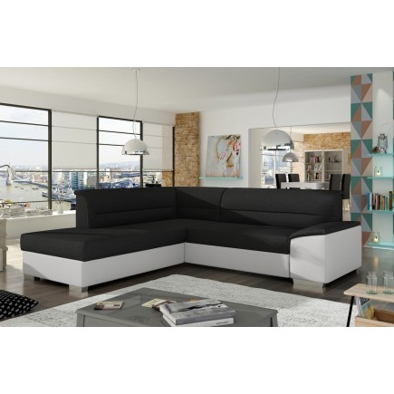 Canapé d'angle convertible en tissu luxe noir et simili cuir blanc cassé, 5 places, avec coffre, angle gauche (vu de face), VERT