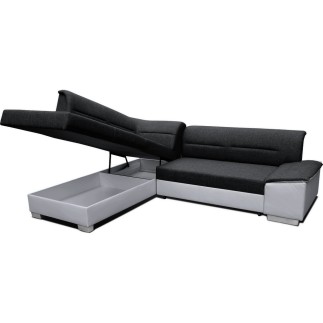 Canapé d'angle convertible en tissu luxe noir et simili cuir blanc cassé, 5 places, avec coffre, angle gauche (vu de face), VERT