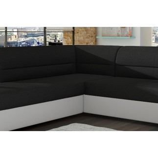 Canapé d'angle convertible en tissu luxe noir et simili cuir blanc cassé, 5 places, avec coffre, angle gauche (vu de face), VERT