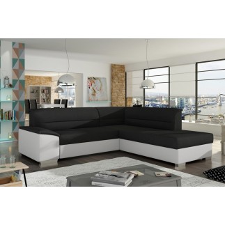 Canapé d'angle convertible en tissu luxe noir et simili cuir blanc cassé, 5 places, avec coffre, angle droit (vu de face), VERTU