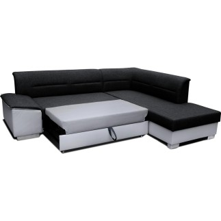Canapé d'angle convertible en tissu luxe noir et simili cuir blanc cassé, 5 places, avec coffre, angle droit (vu de face), VERTU