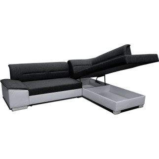 Canapé d'angle convertible en tissu luxe noir et simili cuir blanc cassé, 5 places, avec coffre, angle droit (vu de face), VERTU
