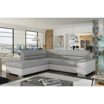 Canapé d'angle convertible en tissu luxe gris et simili cuir blanc cassé, 5 places, avec coffre, angle gauche (vu de face), VERT