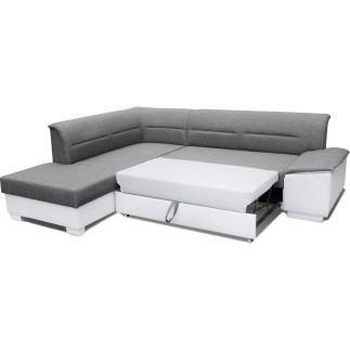 Canapé d'angle convertible en tissu luxe gris et simili cuir blanc cassé, 5 places, avec coffre, angle gauche (vu de face), VERT