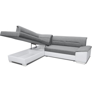 Canapé d'angle convertible en tissu luxe gris et simili cuir blanc cassé, 5 places, avec coffre, angle gauche (vu de face), VERT