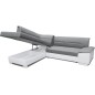 Canapé d'angle convertible en tissu luxe gris et simili cuir blanc cassé, 5 places, avec coffre, angle gauche (vu de face), VERT