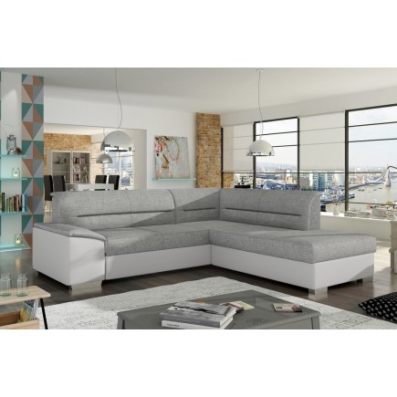 Canapé d'angle convertible en tissu luxe gris et simili cuir blanc cassé, 5 places, avec coffre, angle droit (vu de face), VERTU