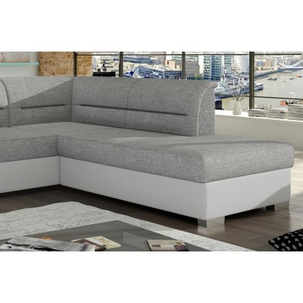 Canapé d'angle convertible en tissu luxe gris et simili cuir blanc cassé, 5 places, avec coffre, angle droit (vu de face), VERTU