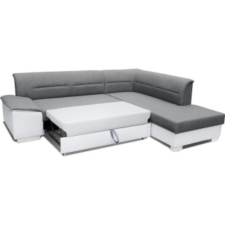 Canapé d'angle convertible en tissu luxe gris et simili cuir blanc cassé, 5 places, avec coffre, angle droit (vu de face), VERTU