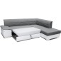 Canapé d'angle convertible en tissu luxe gris et simili cuir blanc cassé, 5 places, avec coffre, angle droit (vu de face), VERTU
