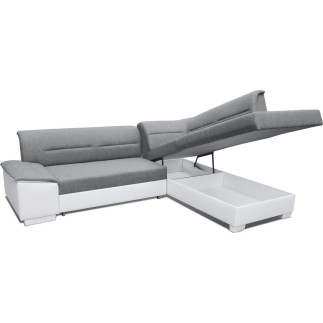 Canapé d'angle convertible en tissu luxe gris et simili cuir blanc cassé, 5 places, avec coffre, angle droit (vu de face), VERTU